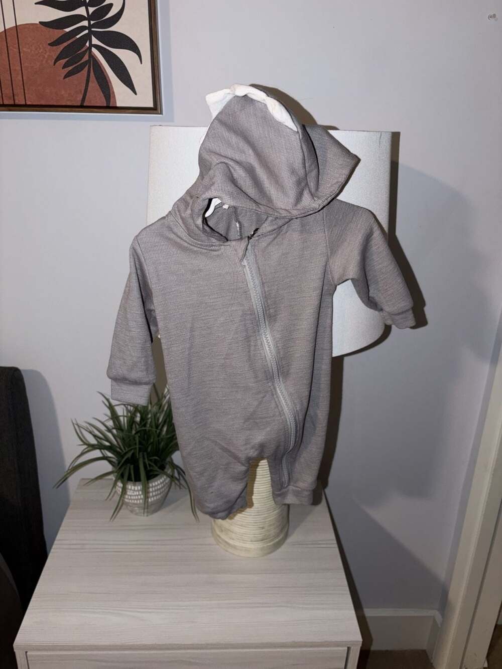 Baby Gray Knit Hooded Dinosaur Romper With White Spikes